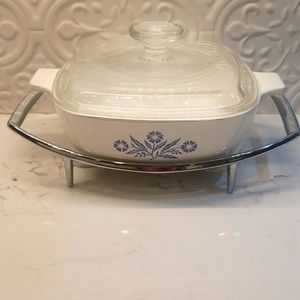 Vintage CORNING WARE Covered Casserole BLUE CORNFLOWER With Chrome Stand
